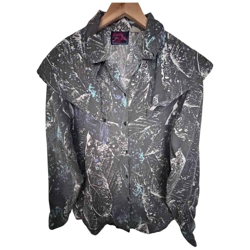 Randy And Travis Womens XL Button Front Blouse Abstract Print Ruffle Shoulder LS